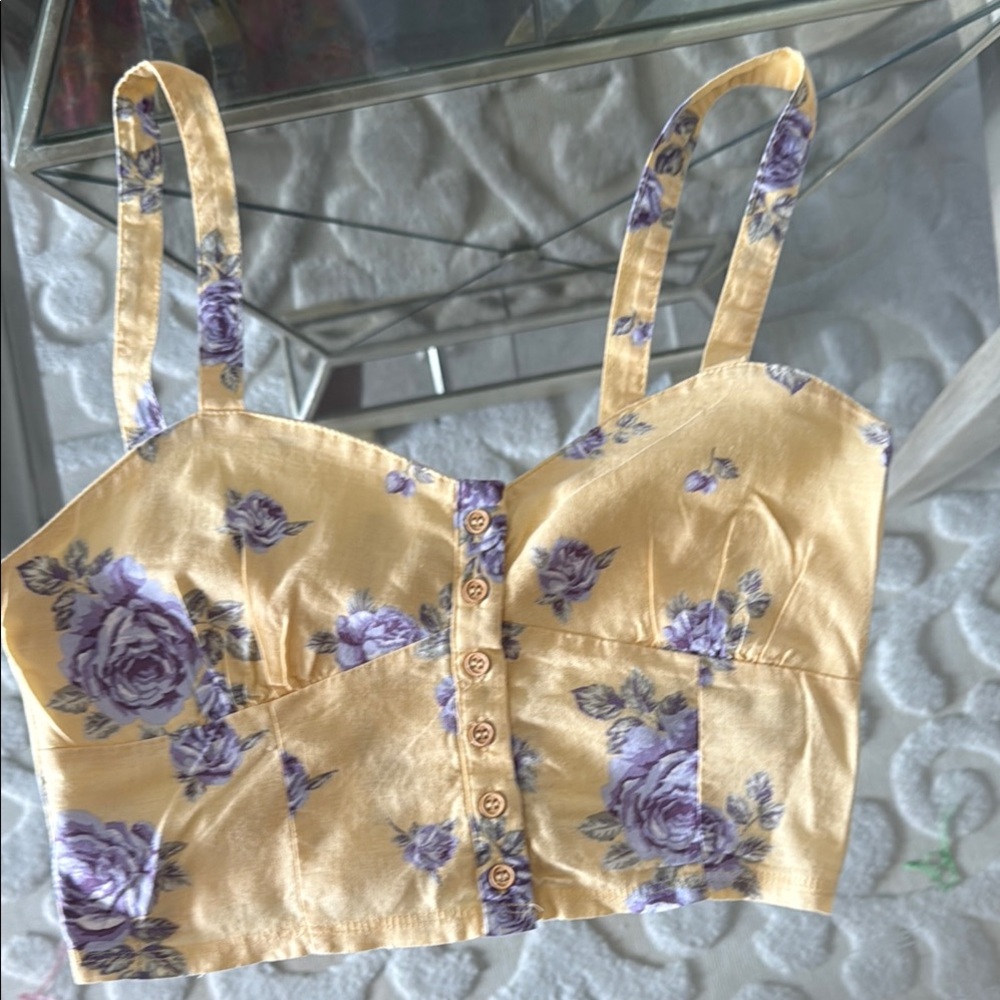Forever 21 Yellow Bustier Tank Top with Purple Floral